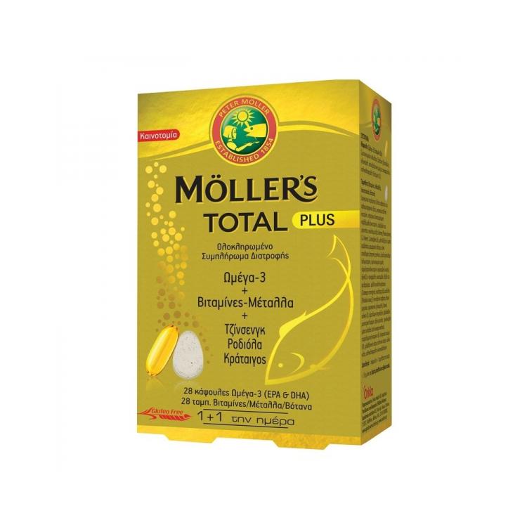 MOLLER'S Total Plus Ωμέγα 3 28caps Βιταμίνες & Μέταλλα, Τζίνσενγκ, Ροδιόλα & Κράταιγος 28tabs